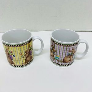 Sakura Debbie Mumm Set of two Mugs Easter Spring Bunny Rabbits Stoneware 1998